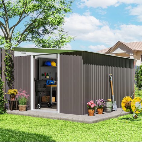 Abri de jardin métallique 8,9 m² avec toit incliné et porte coulissante gris HAVRYA (1/3)
