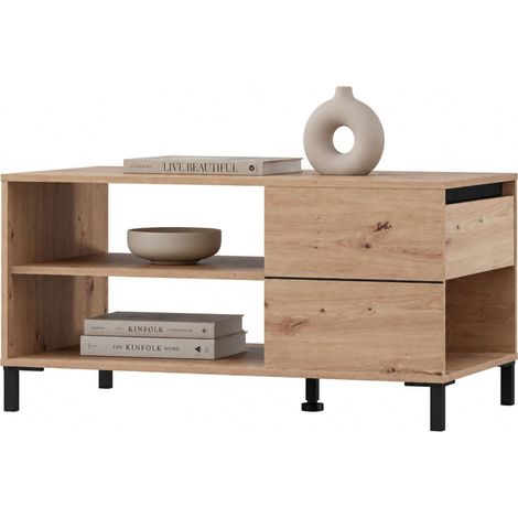 Salontisch Salentina, eine Schublade, mit Füßen, 3 Fächer, 102x55x52h cm Eichenholz Braun