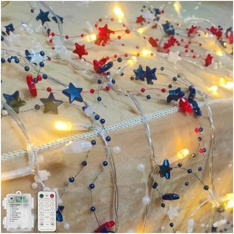 Guirlande d'étoiles rouges blanches et bleues avec lumières 4,3 m 40 LED patriotiques à piles avec minuteur, décorations pour intérieur et extérieur (1/5)