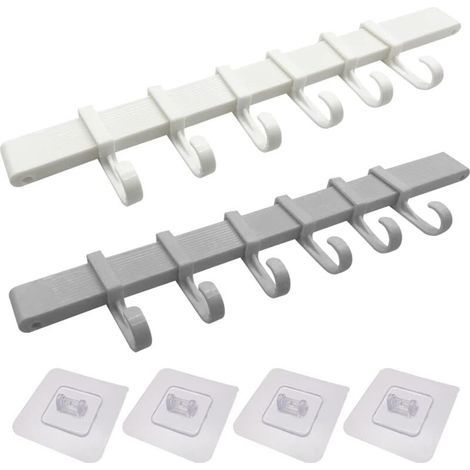 Lot de 2 supports muraux pour ustensiles de cuisine, sans perçage, fixation murale, crochets adhésifs avec 6 crochets coulissants (1/5)