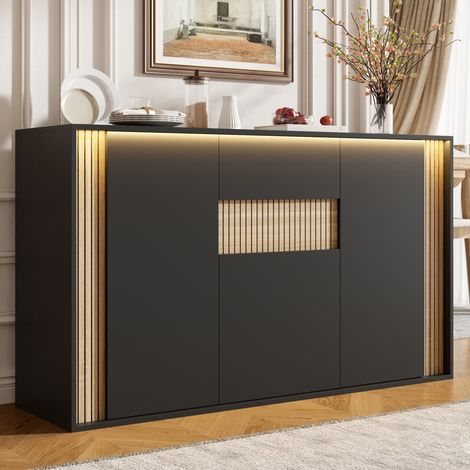Credenza 3 ante 1 cassetto con LED regolabile, 140 x 40 x 82 cm, nero naturale HAVRYA (1/5)