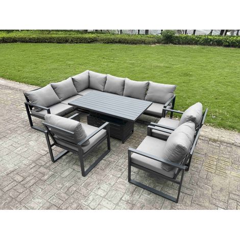 Fimous 8 Pieces Aluminium Garden Furniture Sets with Adjustable Rising Lifting Dining Table,Chair 9 Seater Corner Sofa Set Dark Grey (1/5)