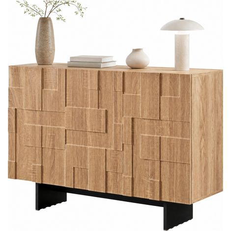 CHICFURN Buffet de rangement 3 portes avec étagères réglables, meuble de salon style français moderne en bois clair et noir, façade géométrique 3D 105x33,5x76 cm (1/5)
