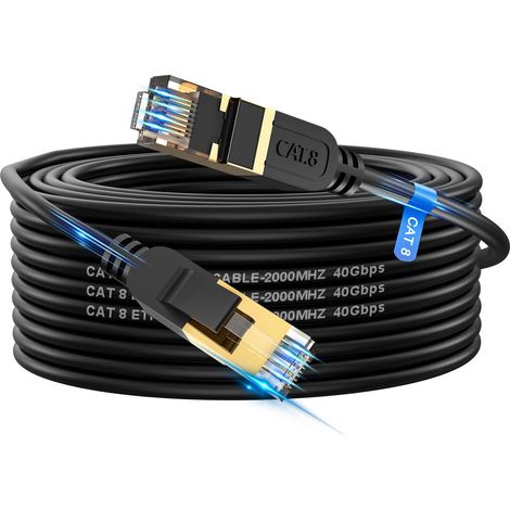 Câble Ethernet Cat 8 12 m, haut débit, robuste 26 AWG Cat8, 40 Gbit/s, 2000 MHz avec connecteur RJ45 plaqué or, câble Internet extérieur et intérieur, compatible avec routeur, modem de jeu, Xbox (1/5)