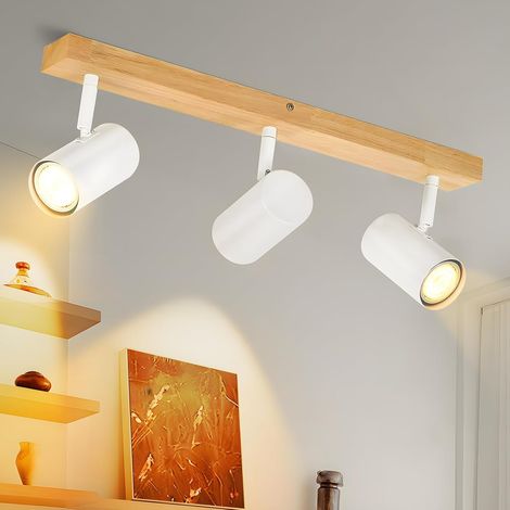 Spots de plafond - Plafonnier LED Bois 3 Spots GU10 Éclairage de Plafond Rétro Orientable 350°pour Cuisine Couloir Salon Chambre à Coucher (Sans Ampoules) (1/5)