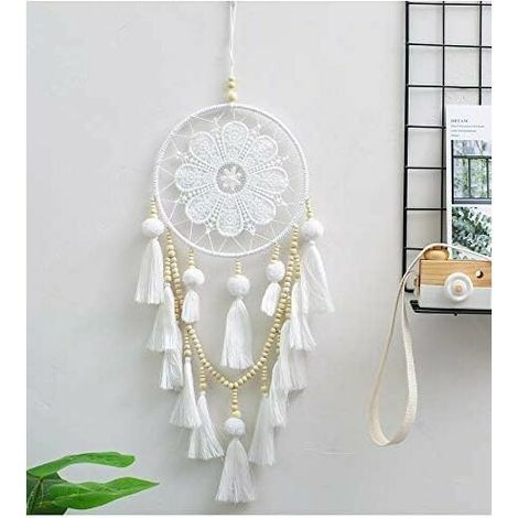 Attrape-rêves - Décoration murale attrape-rêves avec pompons, attrape-rêves bohème en macramé pour chambre de fille (1/5)