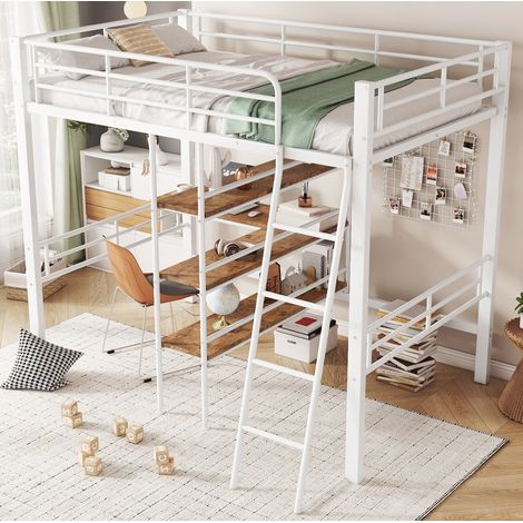 Letto rialzato bambino 90x200 cm con scrivania a L, sponde di sicurezza, scala e mensole, senza materasso, bianco (1/5)