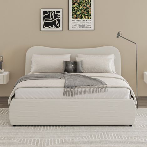 Letto a cassapanca 160x200cm design arrotondato velluto a coste beige PLANO