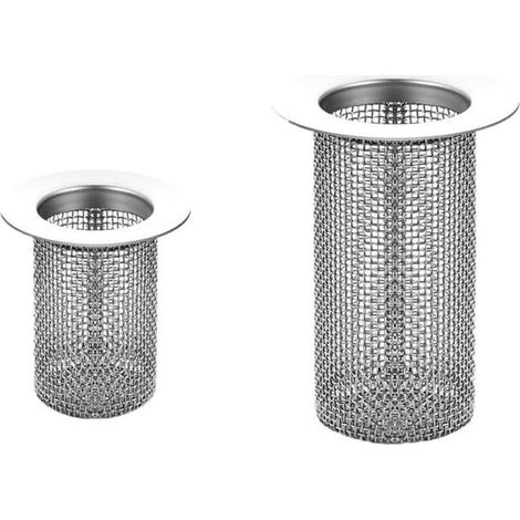 Lot de 2 filtres à cheveux pour bonde de lavabo et de douche, en acier inoxydable, cylindriques et longs, avec panier filtrant et piège à résidus pour lavabo de salle de bain.