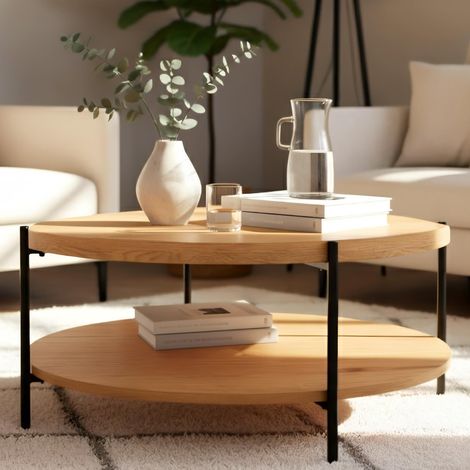 CLP – Table basse Edduma Nature Ø 80 cm – Placage bois de peuplier – Structure métal noir – Capacité 40 kg – Table d'appoint moderne (1/5)