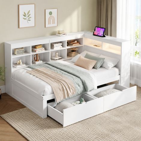 Litera 90/200 cm blanca con almacenaje, USB y LED (1/5)