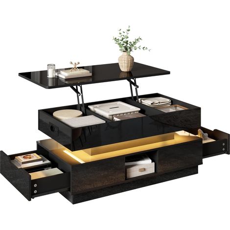 Table basse laquée brillante à hauteur réglable avec rangement, éclairage LED, prise électrique, table de salon à plateau relevable avec tiroirs et rangement (1/5)