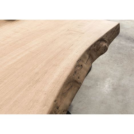 Massivmoebel24 – Table à manger en manguier beige laqué 180x90 cm – Piètement créatif en métal – Bords organiques pour un design naturel (1/2)