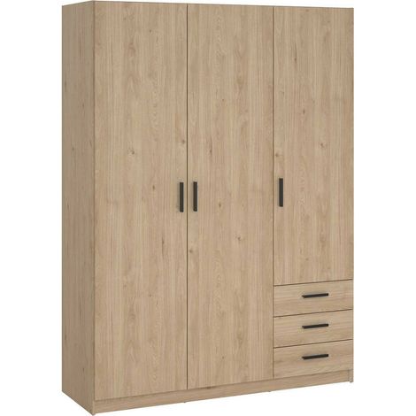 Armoire 3 Portes Simeon, Penderie Chambre à Coucher, 4 Étagères, 49.8x147 cm Chêne Marron