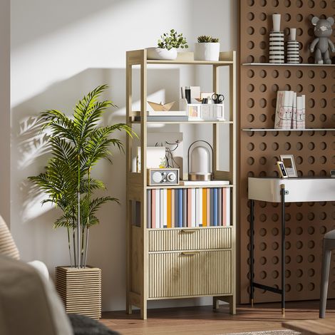 Hohes Bücherregal, Aufbewahrungsmöbel mit 4 offenen Regalböden und 2 Schubladen mit Rillen, 60 x 30 x 160 cm, Naturholz