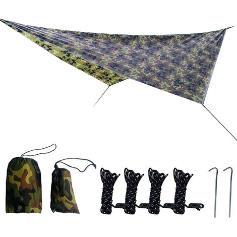 Bâche Anti-Pluie Toile de Tente Imperméable Abri de Randonnée Parasol Portable Auvent Anti UV pour Camping Trekking, Camouflage, 360x290cm
