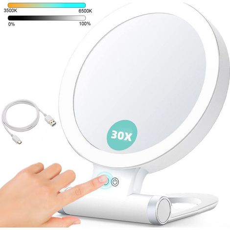 Miroir grossissant 30X avec lumière LED, double face, rechargeable par USB pour maquillage (1/5)