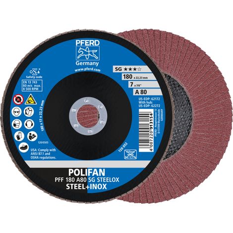 PFERD TOOLS POLIFAN Fächerscheibe PFF 180x22,23 mm flach A80 Leistungslinie SG STEELOX Stahl/Edelstahl 10 Stk