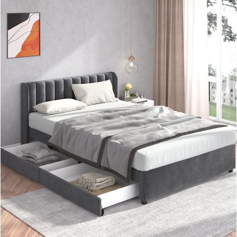 Polsterbett 160/200 cm grau aus Samt mit Lattenrost und 2 Schubladen (1/5)