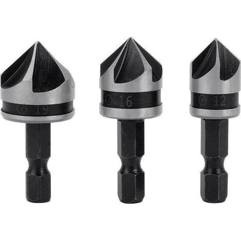 3pcs 1/4" Hex HCS Fraise à Chanfreiner 5 Flûte Foret Embouts pour phanfreiner Évier à Fraise Conique 12mm/16mm/19mm Pour Bois Métal (1/5)