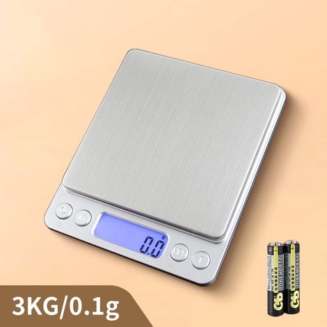Balance de cuisine numérique grand format 3 kg/0,1 g, à piles, avec plateau en acier inoxydable. (1/5)