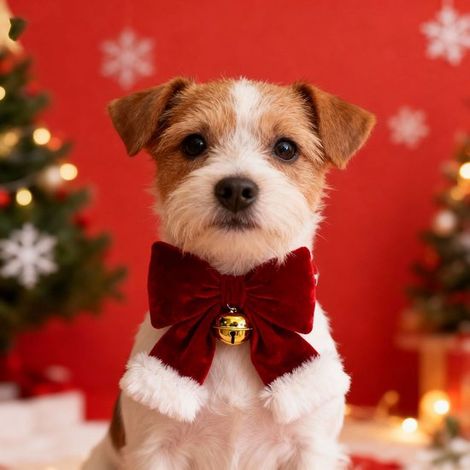Nœud papillon de Noël en velours rouge pour chien, avec clochette dorée et bordure en peluche blanche, nœud de collier ajustable pour chats et petits chiens (1/2)