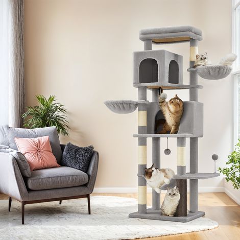 Grand Arbre à Chat 175 cm, 2 Paniers, 2 Niches, 5 Griffoirs, Toilettage Autonome, Hamac, Perchoir, Gris Tourterelle (1/5)
