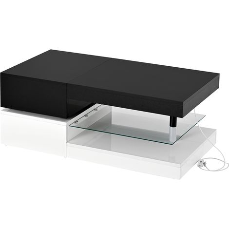 Mesa de centro con LED y Bluetooth, estante de cristal, acabado brillo negro/blanco 90x45 cm (1/5)