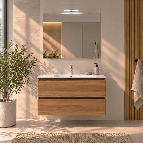 Kiamami Valentina – Meuble double vasque suspendu 90 cm – Tiroirs en orme Leone – Lavabo céramique avec miroir – Installation facile (1/5)