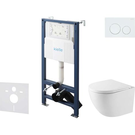 kielle Genesis New - Conjunto de instalación empotrada, inodoro compacto Oudee, Vortex Rimless+, asiento con cierre suave y pulsador Gemini New I, blanco brillante 30528SS37