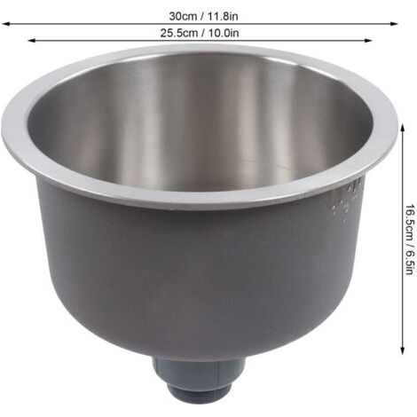 Mini évier de cuisine rond en acier inoxydable avec bonde intégrée, 30 cm de diamètre (1/3)
