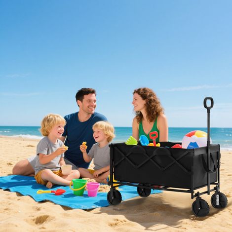 Gartenwagen (160 l) mit 4 Schwenkrädern, faltbarer Strandwagen aus Stahl und Oxford-Gewebe mit erweiterbarer Tasche und verstellbarem Schwenkgriff, 95 x 55 x 102 cm, Schwarz