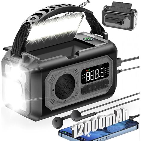 12000mAh Solaire Radio à Manivelle,AM/FM Radio Portable avec Chargeur de Téléphone, 2 Panneaux Solaires,Alarme SOS,Lampe de Poche pour Camping, Ourdoor, Urgence (1/5)
