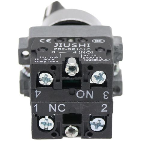Includes an XB2-BD25C two-position rotary switch with an on position and an off position, and a metal push-button switch. (1/4)