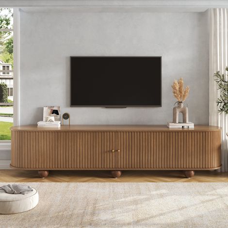 Meuble TV 180 cm Bois de Noyer avec Portes Coulissantes et Pieds -Boules Grand Rangement - Meuble de Salon Rétro Vintage (1/5)