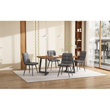 Ensemble salle à manger 5 pièces, table cuisine moderne avec 4 chaises, plateau MDF teinte noyer, pieds métal noir, aspect bois veiné, chaises lin gris foncé