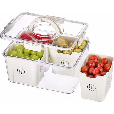Contenitore grande da frigorifero con coperchio, maniglia, vassoio di scolo e 4 colini ermetici, ideale per snack e insalate. (1/5)