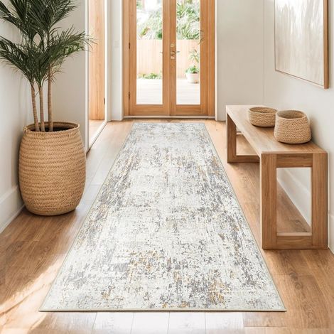 Tapis de couloir 80x200cm Beige Abstrakter Lavable antidérapant Tapis de cuisine Moderne Minimaliste à poils courts en laine artificielle pour salon chambre à coucher (1/5)