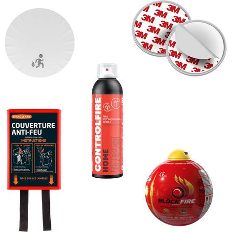 Lot Sécurité Incendie Complet - Idéal petit logement– Détecteur de fumée Autonomie et garantie 10 ans + Fixation Magnétique + Couverture Anti-Feu + Boule extinctrice Block'Fire + Spray Extincteur (1/5)