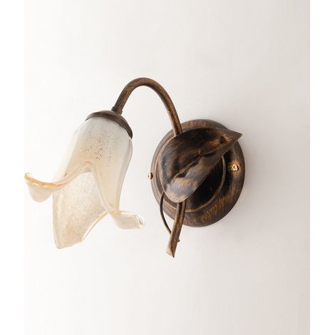 Applique Classico 1 Luce Con Foglie Ferro Battuto E Vetro Bronzo Serie Limone