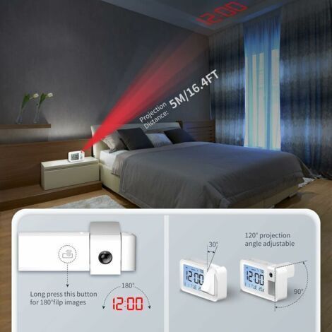Tigrezy-Réveil Projecteur Plafond, Réveil Numérique avec thermomètre d'intérieur à projection à 180 °, 4 luminosités réglables,Réglage du volume (1/4)