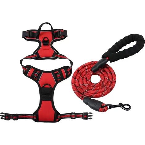 Harnais pour chien TuseRxln - Laisse pour chien - Anti-traction avec 2 anneaux et poignée verticale - 2 pièces - Pour un usage quotidien - Rouge (1/5)