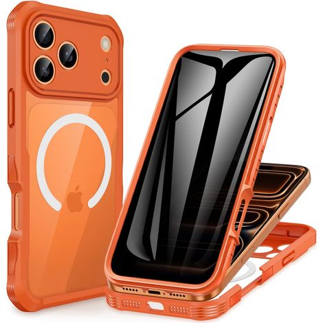 Magnétique Anti Espion Coque iPhone 17 Pro [Compatible avec MagSafe] intégré 9H Verre Trempé Protection écran et Protection Caméra, 360° Antichoc Téléphone Housse Case Intégrale Etui -Orange (1/5)