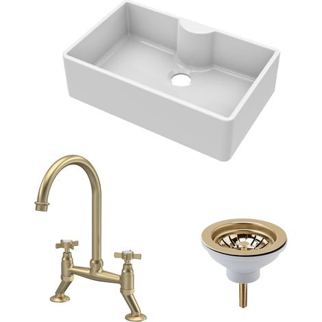 Fireclay Kitchen Bundle - 1 Bowl Butler Sink with Tap Ledge, Waste & Bridge Tap - 795mm - Brushed Brass
