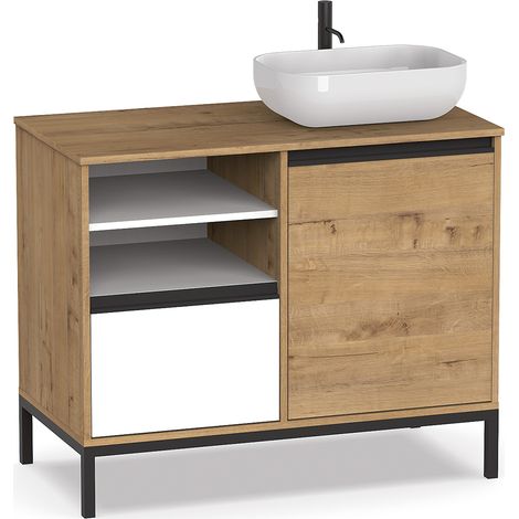 Meuble Vasque 1 porte + 1 tiroir coloris chêne doré/ blanc - Hauteur 95.5 x Longueur 100 x Profondeur 51 cm -PEGANE-