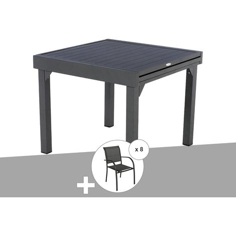 Ensemble repas table extensible alu 4/8 places Graphite + 8 fauteuils Piazza - Hespéride (1/3)