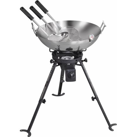Complete Outdoor Gas Wok Set with Wok and High Power Burner - Steel - L50 x W118 x H45 cm - Black/Silver