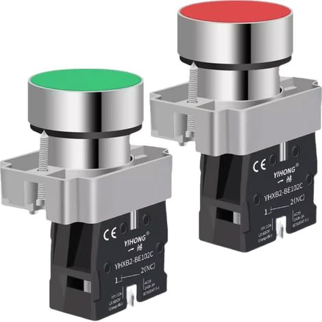 2 pièces Interrupteur à Bouton Poussoir Momentané 22mm, NO (Normalement Ouvert) Vert et NC (Normalement Fermé) Rouge, SPST, 660V 10A (1/5)