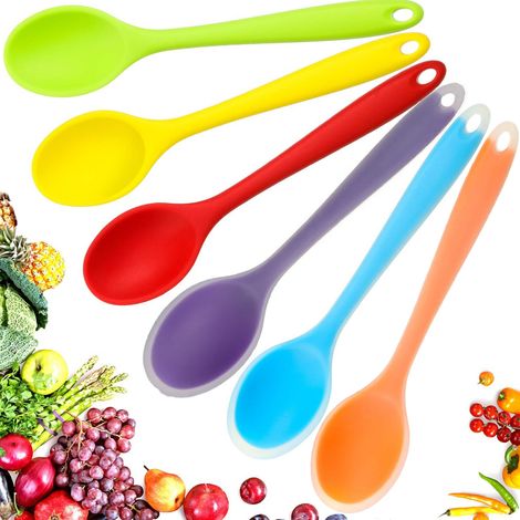 Lot de 6 petites cuillères en silicone multicolores antiadhésives pour la cuisine, la préparation de plats et le mélange (rouge, vert, jaune, violet, orange, bleu). (1/5)