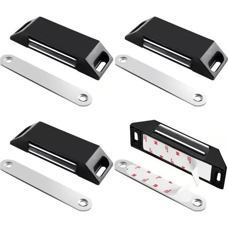 Aimants autocollants pour portes de placard, lot de 4 aimants de fixation, sans perçage, pour portes de placard, tiroirs et penderies, noirs (1/5)